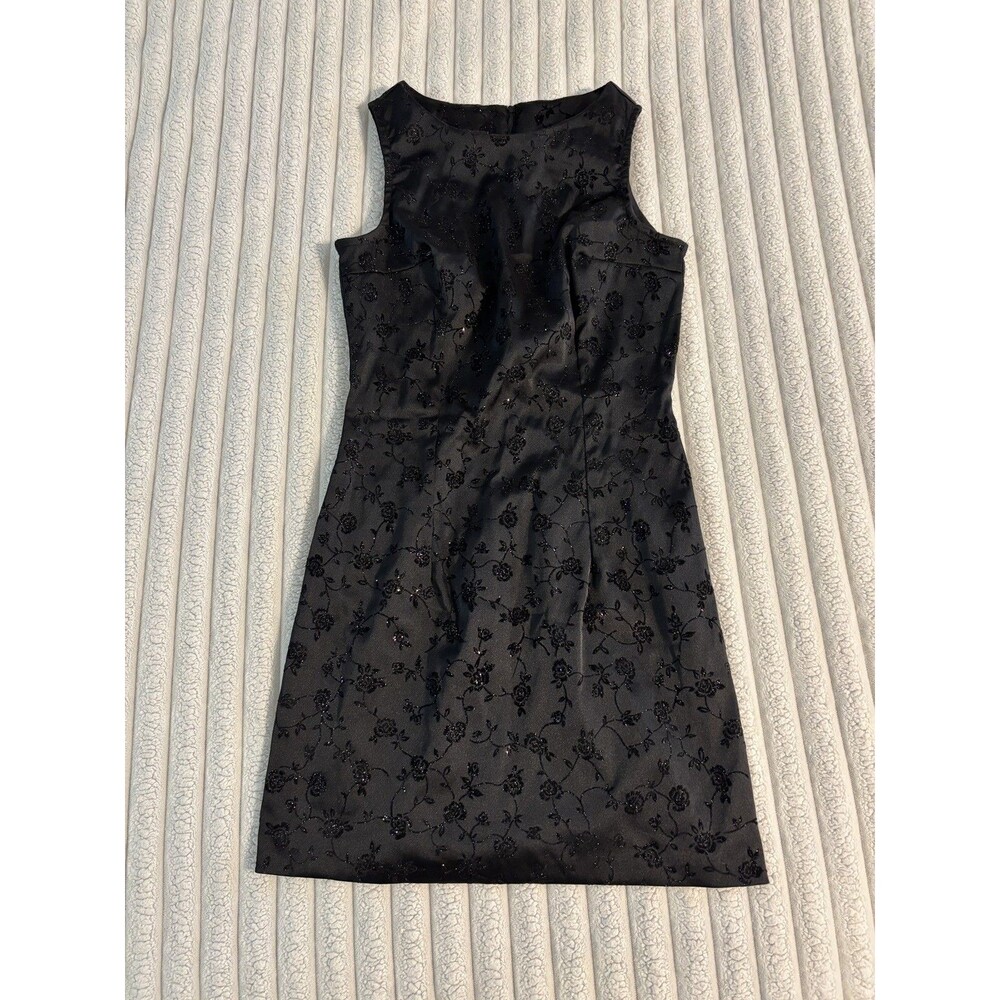 Vintage Byer Too Y2K 90s Sparkle satin velvet floral shift dress women’s 7 black